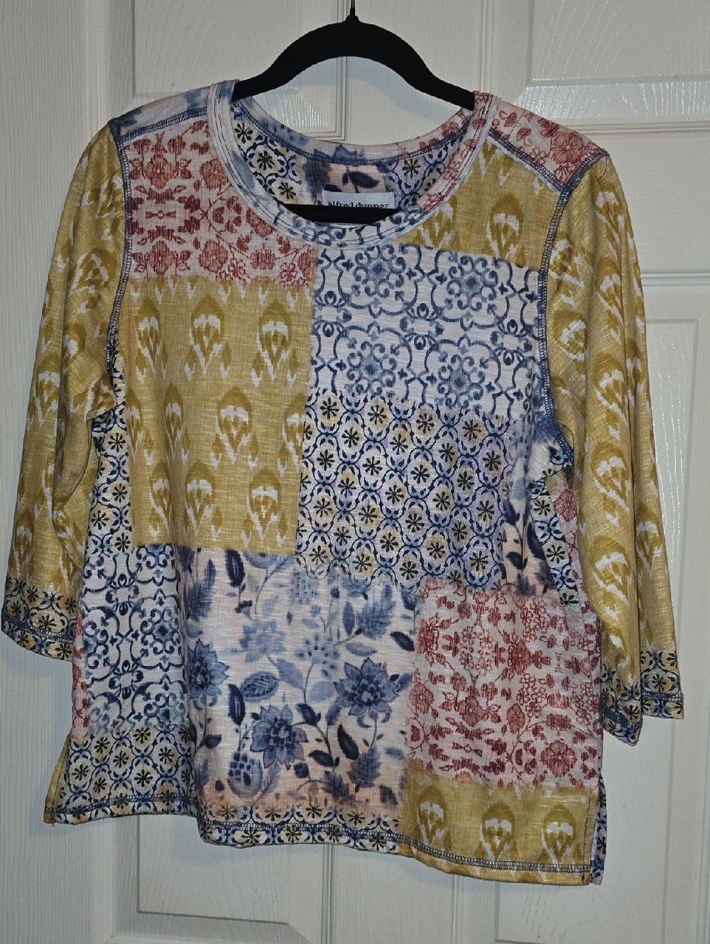 Alfred Dunner Patchwork-Print Long Sleeve Top in Yellow, Blue &‎ Pink